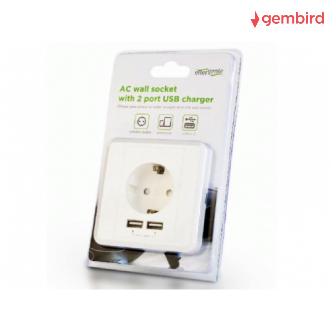 Priză Gembird AC wall socket with 2 port USB charger, 2.4A, USB charger: 2 ports, 5 V DC up to 2.4 A / 12 W (total)