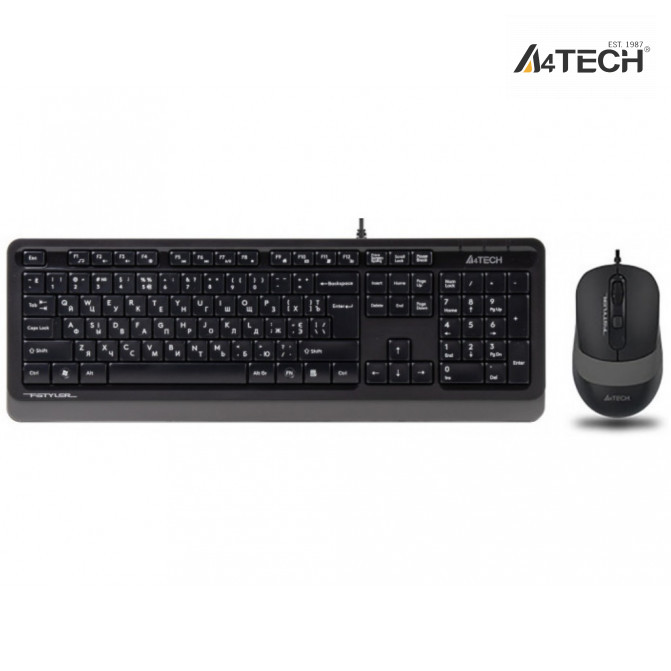 Клавиатура + Мышь A4Tech F1010, Laser Engraving, Splash Proof, 1600 dpi, 4 buttons, Black/Grey, USB