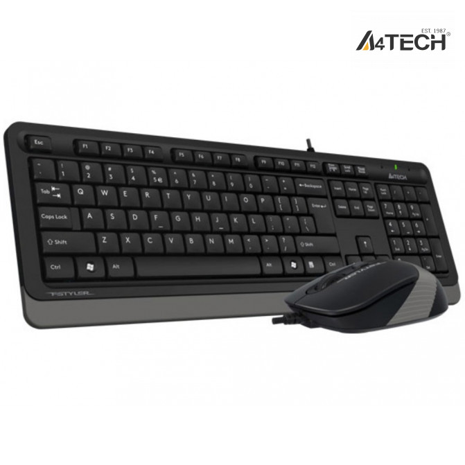 Клавиатура + Мышь A4Tech F1010, Laser Engraving, Splash Proof, 1600 dpi, 4 buttons, Black/Grey, USB