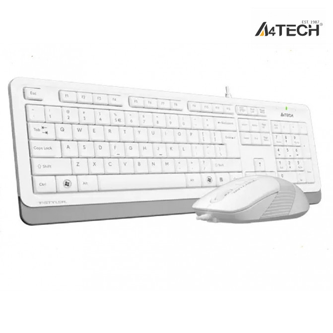 Tastatura + Mouse A4Tech F1010, Laser Engraving, Splash Proof, 1600 dpi, 4 buttons, White/Grey, USB