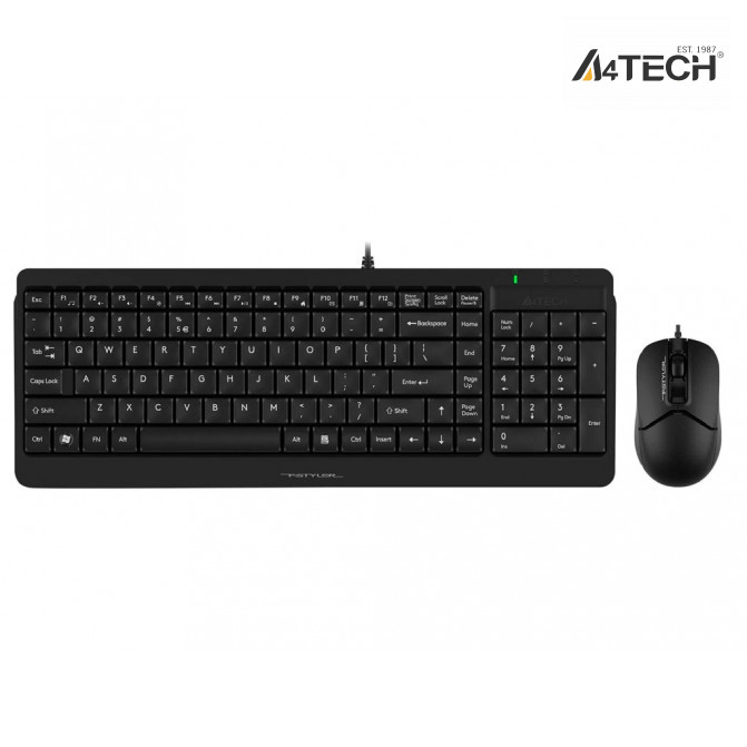 Tastatura + Mouse A4Tech F1512, Laser Engraving, Splash Proof, 1200 dpi, 3 buttons, Black, USB