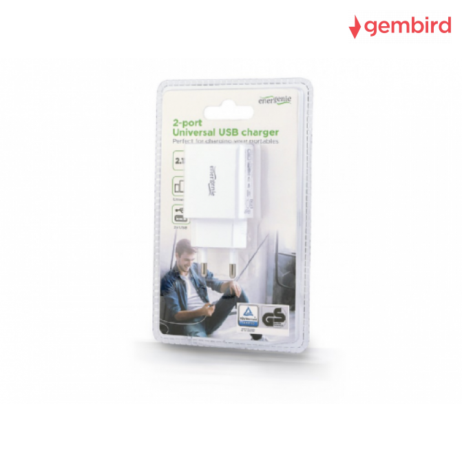 USB Încărcător - Gembird EG-U2C2A-03-W, 2-port universal USB charger, 2.1 A, White