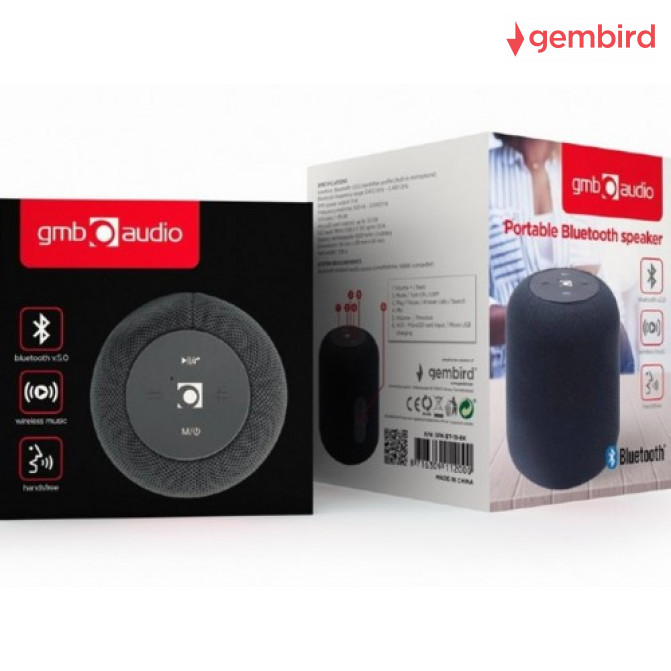 Беспроводная колонка Gembird SPK-BT-15-BK ,5W RMS, Bluetooth v.5.1, Built-in microphone, microSD, FM-radio