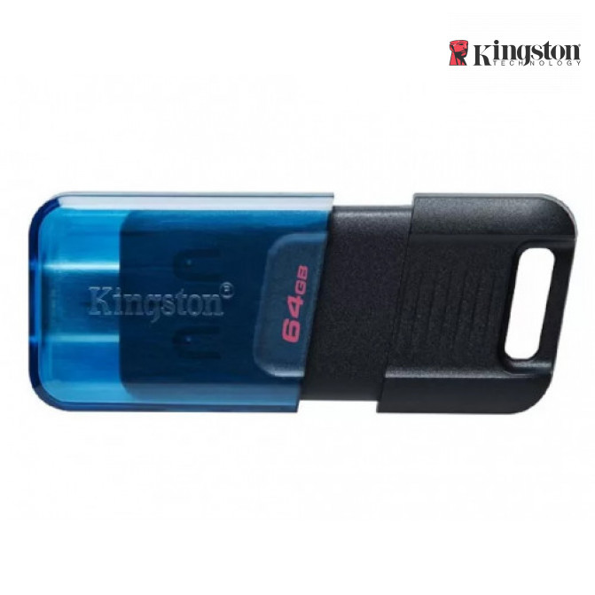 USB Флэш 64GB USB-С3.2  Kingston DataTraveler 80M, Black/Blue, USB-C, Cap design, Stylish slim plastic casing fits, Keyring Loop (Read 200 MByte/s)
