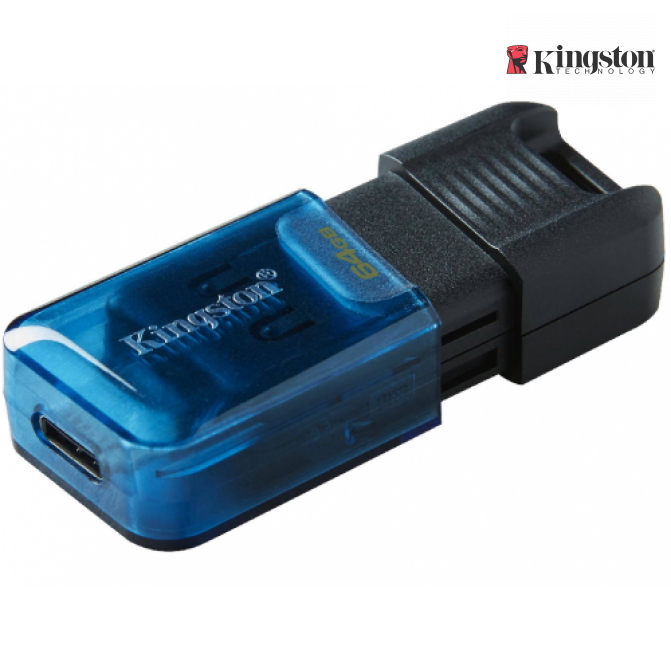 USB Флэш 64GB USB-С3.2  Kingston DataTraveler 80M, Black/Blue, USB-C, Cap design, Stylish slim plastic casing fits, Keyring Loop (Read 200 MByte/s)