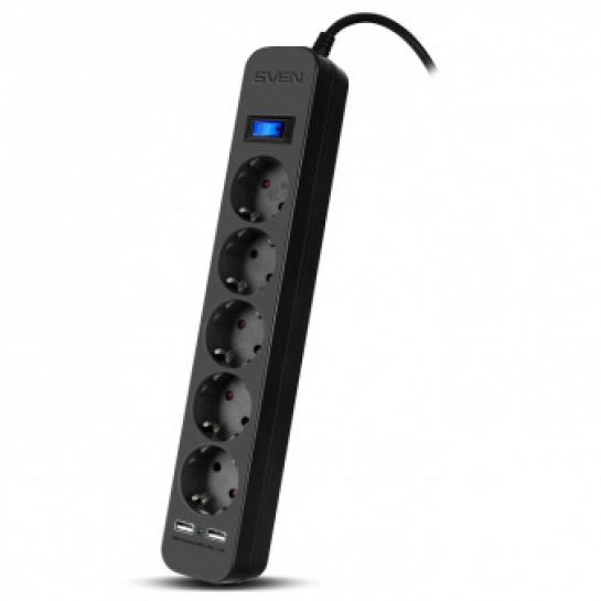 Filtru de rețea SVEN SF-05LU, 5 Sockets + 2 USB (2,4 A) , 3.0m, Black, color box