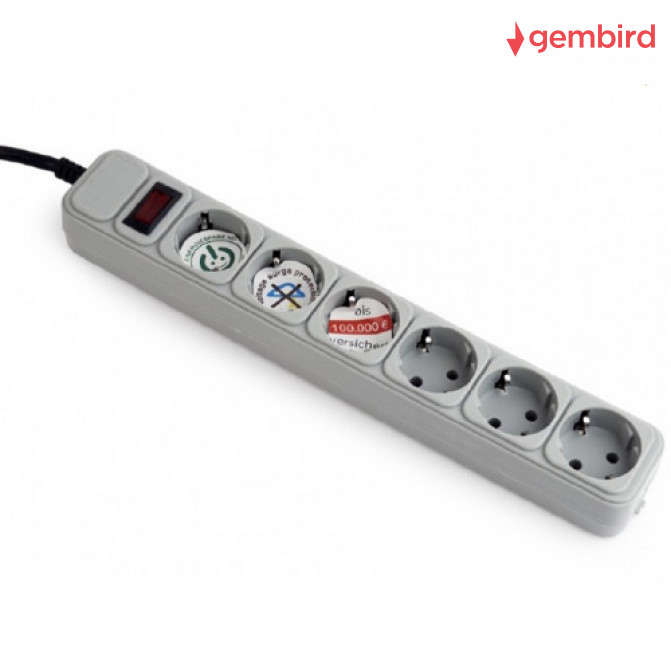 Сетевой фильтр Gembird SPG6-B-6C, 6 Sockets, 1.8m, up to 250V AC, 16 A, safety class IP20, Grey