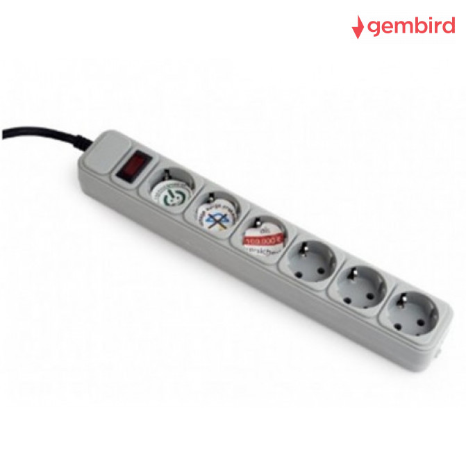 Сетевой фильтр Gembird SPG6-B-10C, 6 Sockets, 3.0m, up to 250V AC, 16 A, safety class IP20, Grey