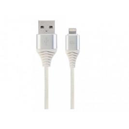 Кабель USB2.0/8-pin (Lightning) Premium cotton braided - 1m - Cablexpert CC-USB2B-AMLM-1M-BW2, Silver/White, USB 2.0 A-plug to 8-pin, blister