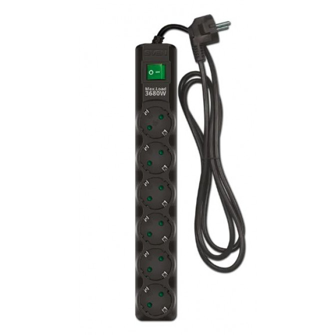 Сетевой фильтр SVEN SF-06E-16, 6 Sockets, Children protection, 1.8m, ABS plastic, Black