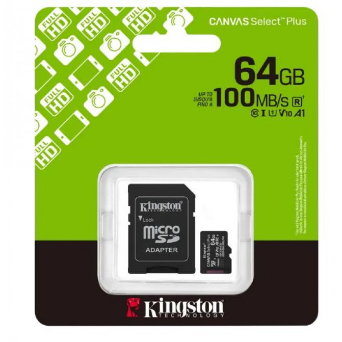 Card de Memorie 64GB MicroSD (Class 10) UHS-I (U1) +SD adapter, Kingston Canvas Select Plus Gen3 "SDCS3/64GB" (R:100MB/s)