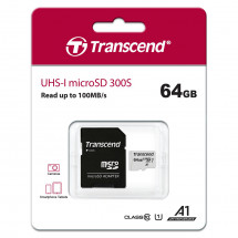 Карта памяти 64GB MicroSD (Class 10) UHS-I (U1),+SD adapter, Transcend "TS64GUSD300S" (R/W:95/45MB/s)