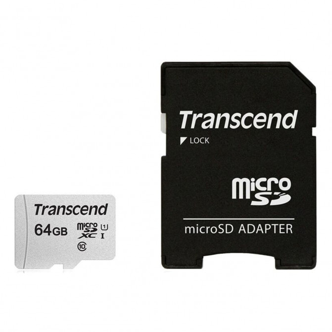 Card de Memorie 64GB MicroSD (Class 10) UHS-I (U1),+SD adapter, Transcend "TS64GUSD300S" (R/W:95/45MB/s)