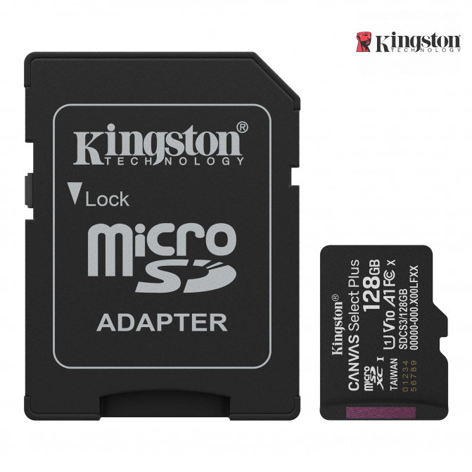Card de Memorie 128GB MicroSD (Class 10) UHS-I (U1) +SD adapter, Kingston Canvas  Select Plus Gen3 "SDCS3/128GB"  (R:150MB/s)