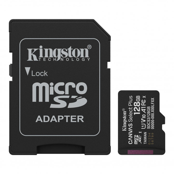 Card de Memorie 128GB MicroSD (Class 10) UHS-I (U1) +SD adapter, Kingston Canvas  Select Plus Gen3 "SDCS3/128GB"  (R:150MB/s)