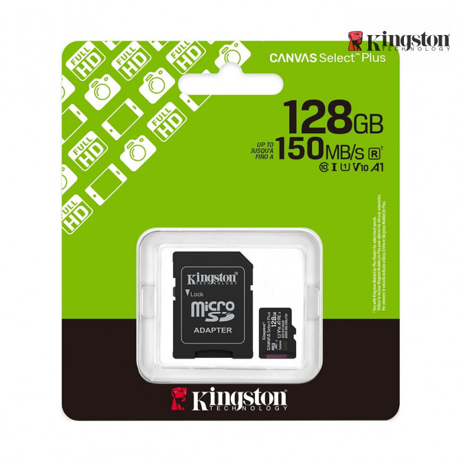 Card de Memorie 128GB MicroSD (Class 10) UHS-I (U1) +SD adapter, Kingston Canvas  Select Plus Gen3 "SDCS3/128GB"  (R:150MB/s)