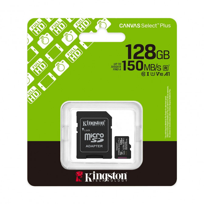 Card de Memorie 128GB MicroSD (Class 10) UHS-I (U1) +SD adapter, Kingston Canvas  Select Plus Gen3 "SDCS3/128GB"  (R:150MB/s)