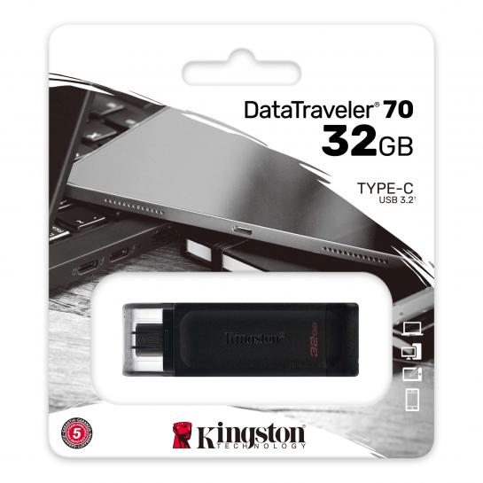 32GB USB-С3.2  Kingston DataTraveler 70, Black, Type-C, Cap design, Stylish and slim plastic casing fits, Keyring Loop (Read 80 MByte/s, Write 20 MByte/s)