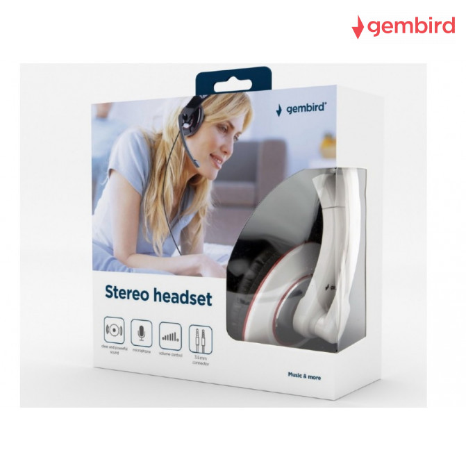 Наушники Gembird MHS-001-GW с микрофоном и регулятором громкости, Glossy White