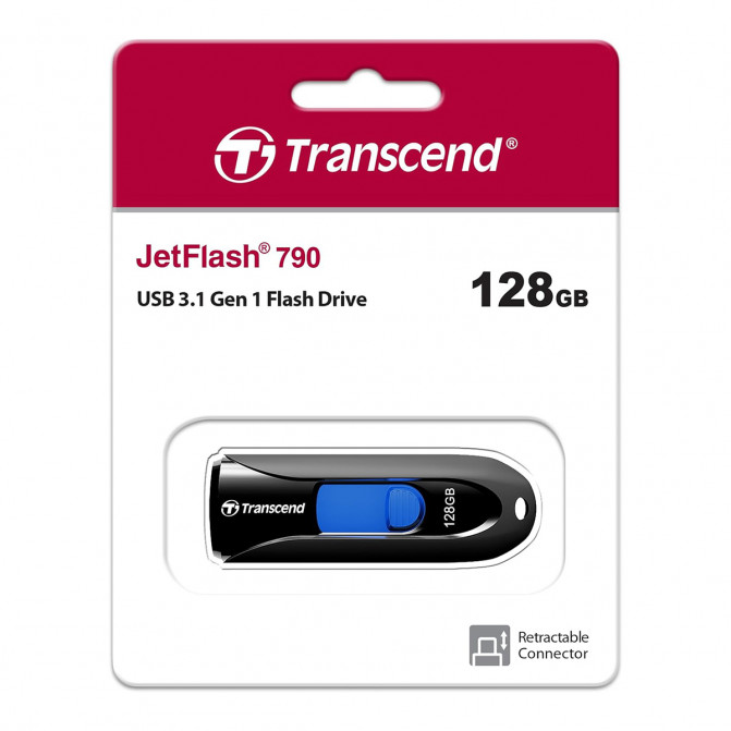 USB Флэш 128GB USB3.1 Flash Drive Transcend "JetFlash  790", Black-Blue, Slider (R/W:90/40MB/s)