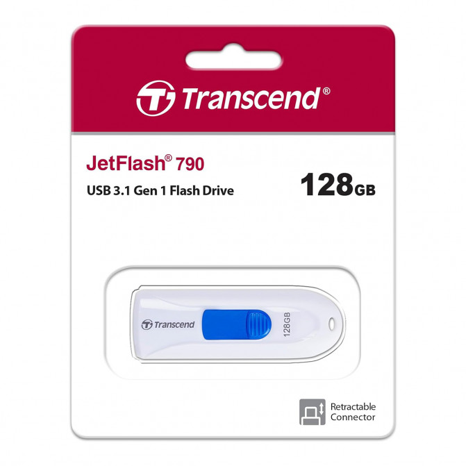 USB Флэш 128GB USB3.1 Flash Drive Transcend "JetFlash  790", White-Blue, Slider (R/W:90/40MB/s)