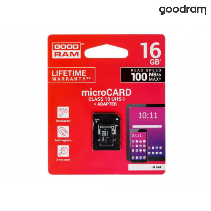 Card de Memorie 16GB microSD Class10 U1 UHS-I + SD adapter  Goodram M1AA, 600x, Up to: 90MB/s