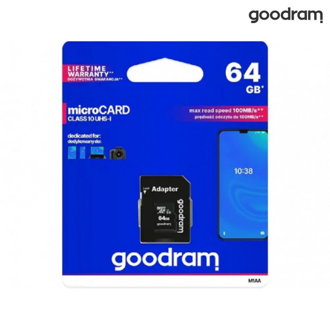 Card de Memorie 64GB microSD Class10 U1 UHS-I + SD adapter  Goodram M1AA, 600x, Up to: 90MB/s