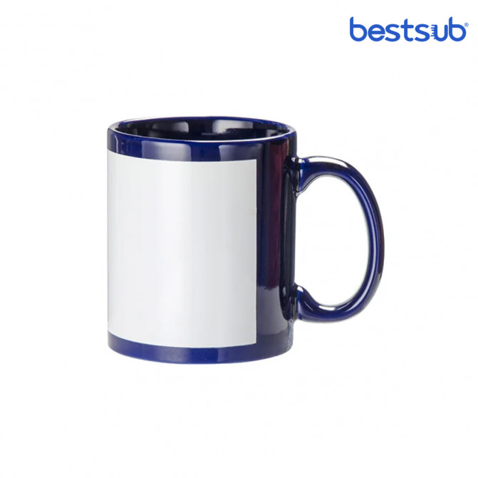 Cană pentru sublimare albastră cu dreptunghi alb cu fosfor 11oz BestSub B11C-BL