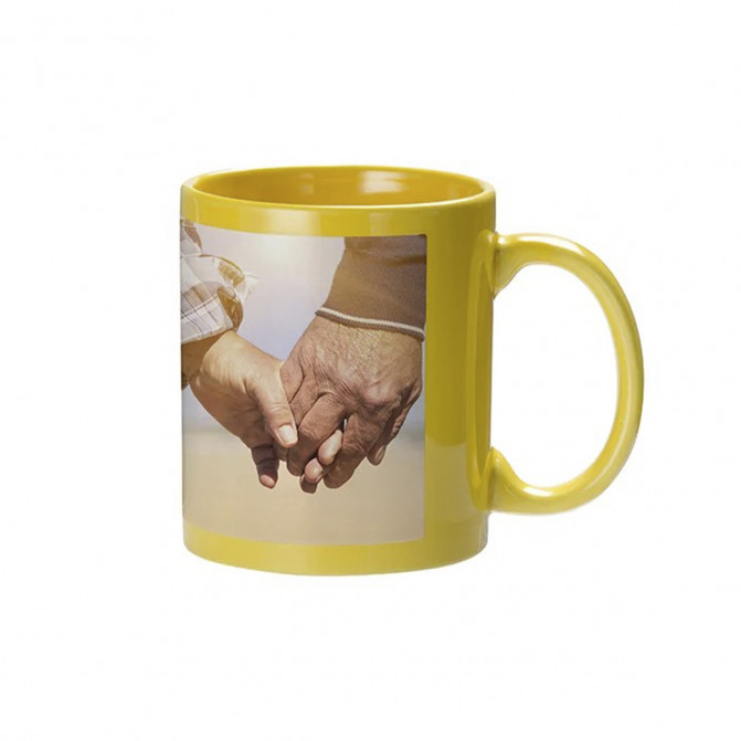 Cană pentru sublimare galbenă cu dreptunghi alb cu fosfor 11oz BestSub B11C-Y