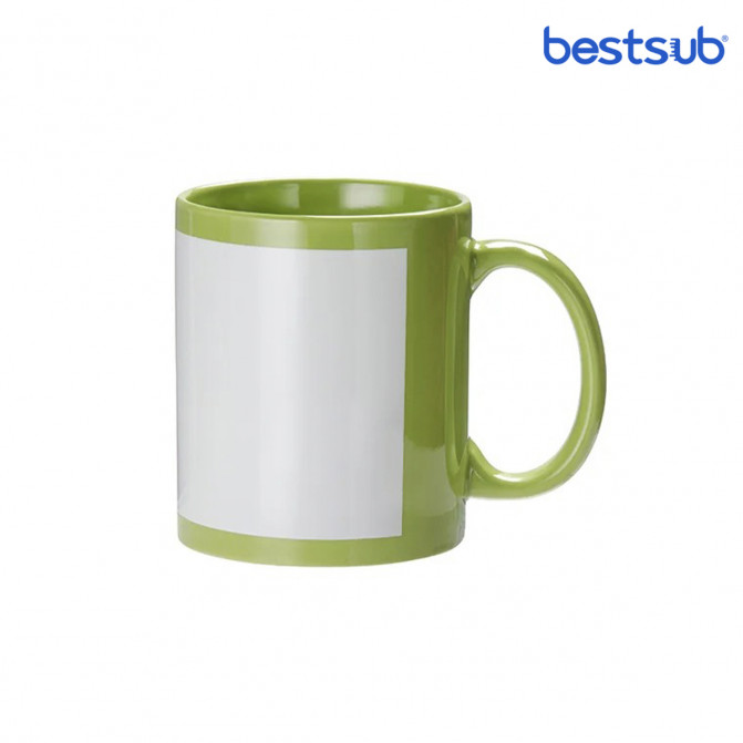 Cană pentru sublimare verde cu dreptunghi alb cu fosfor 11oz BestSub B11C-GN