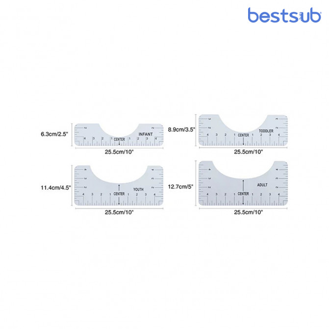 Riglă șablon din PVC alb pentru sublimare, 4 mărimi: 10×2.5/3.5/4.5/5 inch (adult, tânăr, copil, bebeluș)