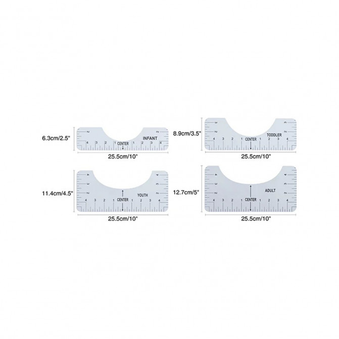 Riglă șablon din PVC alb pentru sublimare, 4 mărimi: 10×2.5/3.5/4.5/5 inch (adult, tânăr, copil, bebeluș)
