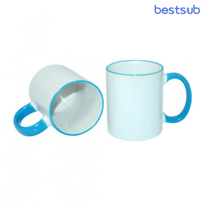 Кружка для сублимации белая с голубым краем и голубой ручкой 11oz BestSub B11BA-11