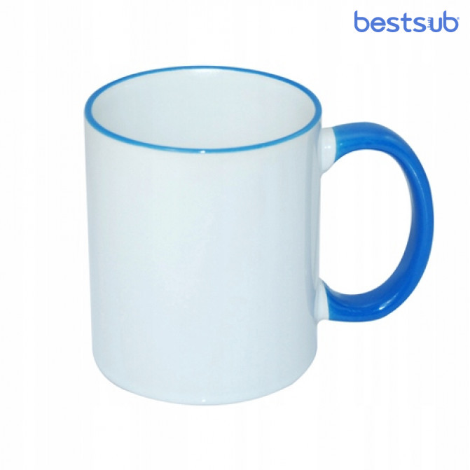Кружка для сублимации белая с голубым краем и голубой ручкой 11oz BestSub B11BA-11