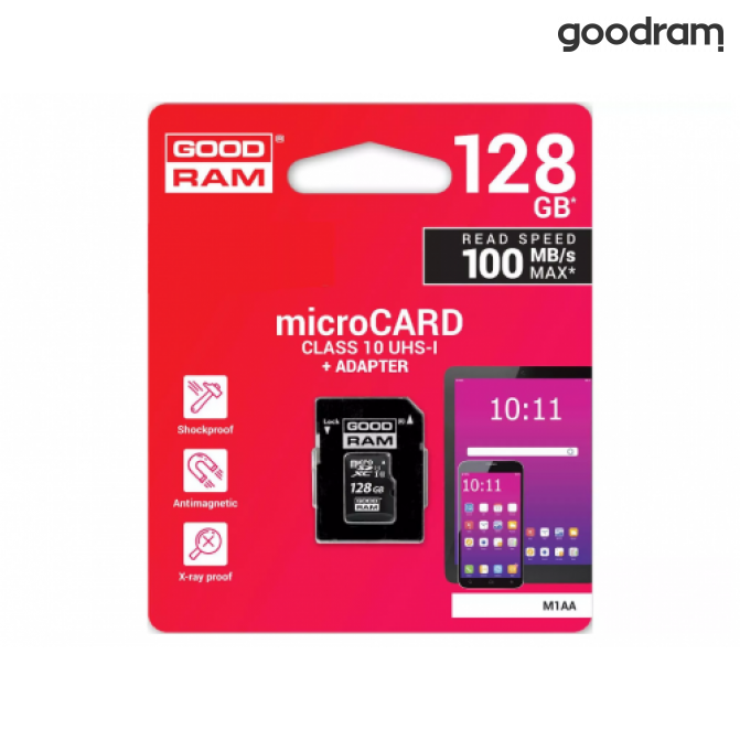 Карта памяти 128GB GoodRAM micro SDXC Class10 UHS-I +SD адаптер, Up to: 100MB/s  M1AA-1280R12