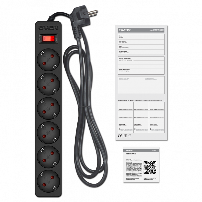Filtru de rețea SVEN SF-06E, 6 Sockets, 1.8m, flame-retardant material Black