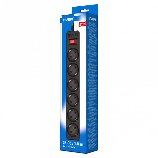 Filtru de rețea SVEN SF-06E, 6 Sockets, 1.8m, flame-retardant material Black