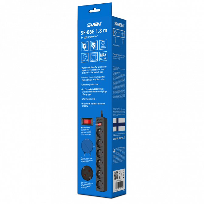 Filtru de rețea SVEN SF-06E, 6 Sockets, 1.8m, flame-retardant material Black