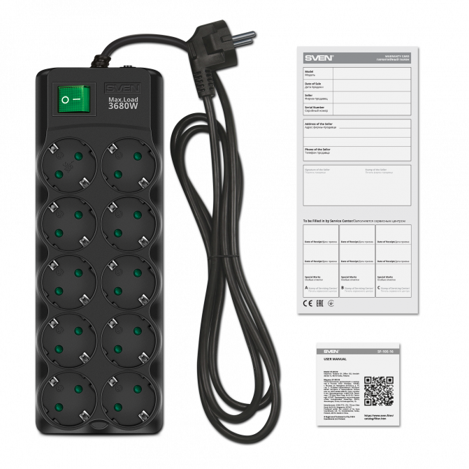 Filtru de rețea SVEN SF-10E-16, 10 Sockets, Children protection, 3m, ABS plastic, Black