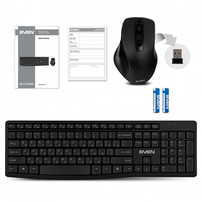 Клавиатура + Мышь Wireless SVEN KB-C3500W, 12 Fn keys, Battery indicator, 1xAA/1xAA, 2.4Ghz, Black