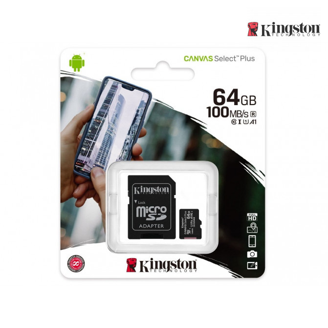 Card de Memorie 64GB microSD, Kingston Class10 A1 UHS-I + SD adaptor