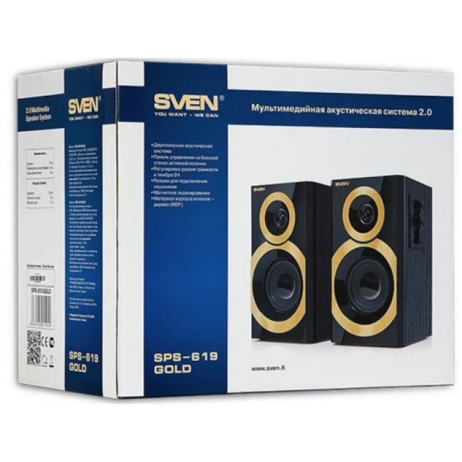 Колонки SVEN SPS-619 GOLD (Black),  2.0 / 2x10W RMS, headphone jack, wooden, (3"+1")